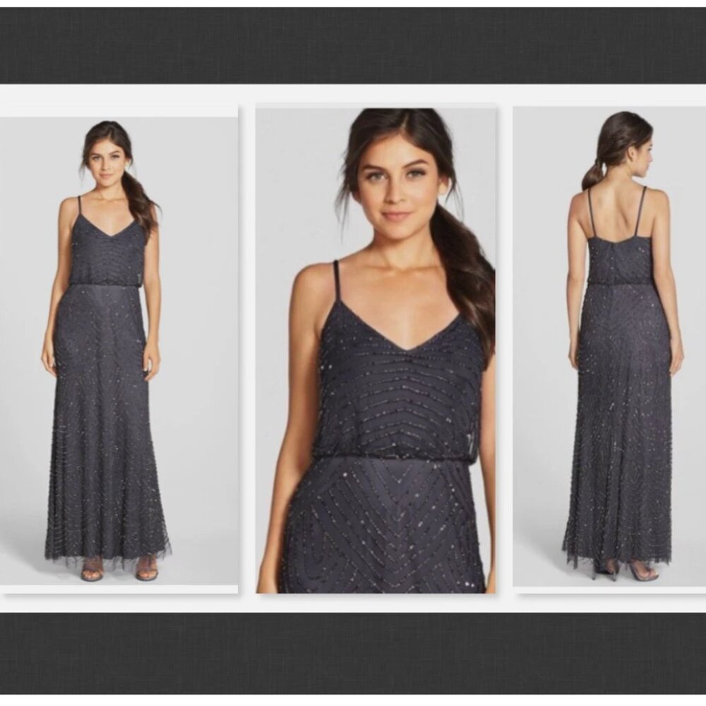 NWT $260 Adrianna Papell Embellished Blouson Gown Gunmetal Size 2